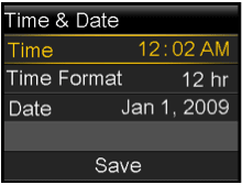 Time and Date menu screen