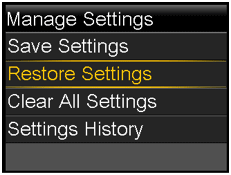 Manage settings menu screen