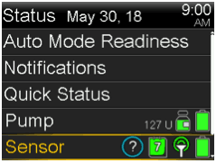 Sensor Status screen