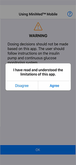 MiniMed Mobile App limitations agreement screen