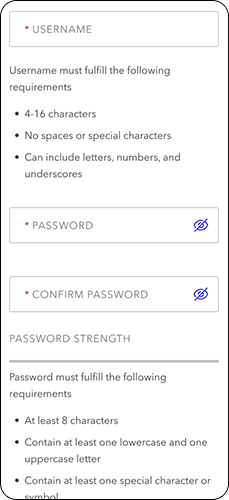 Create your username and password screen