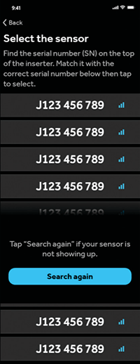 Simplera app screen - Select serial number
