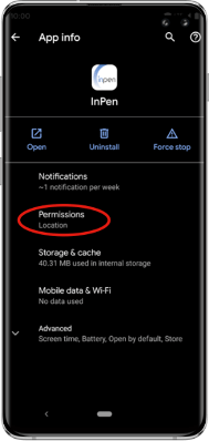 InPen phone app permissions screen