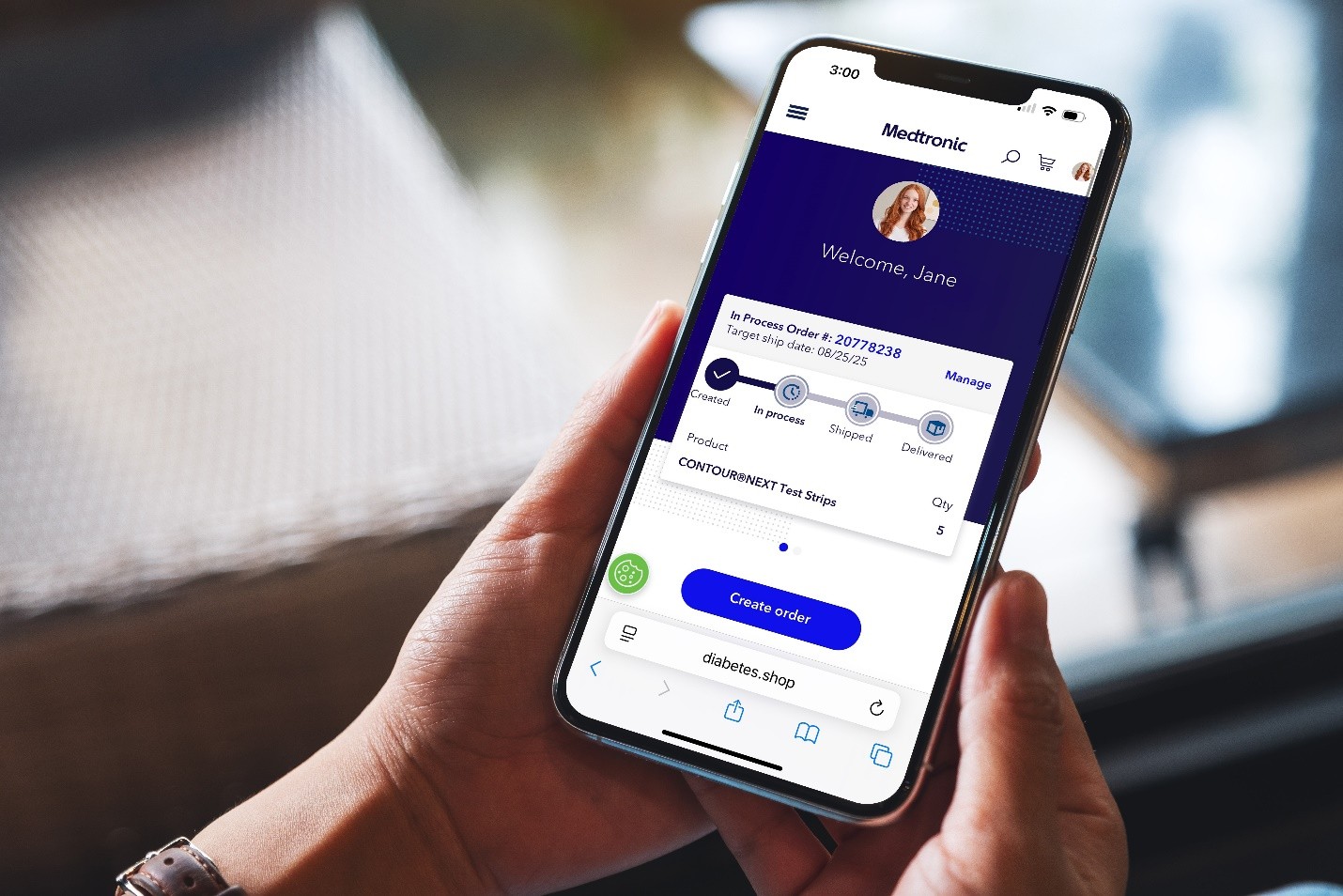 Close up of mobile phone with Diabetes.shop screen