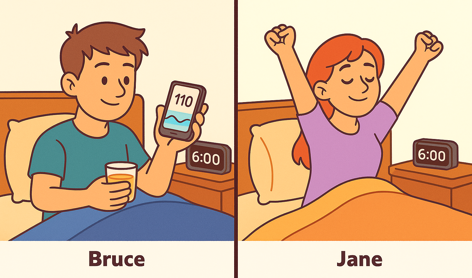 Man holding juice and phone in bed. Woman stretching in bed.