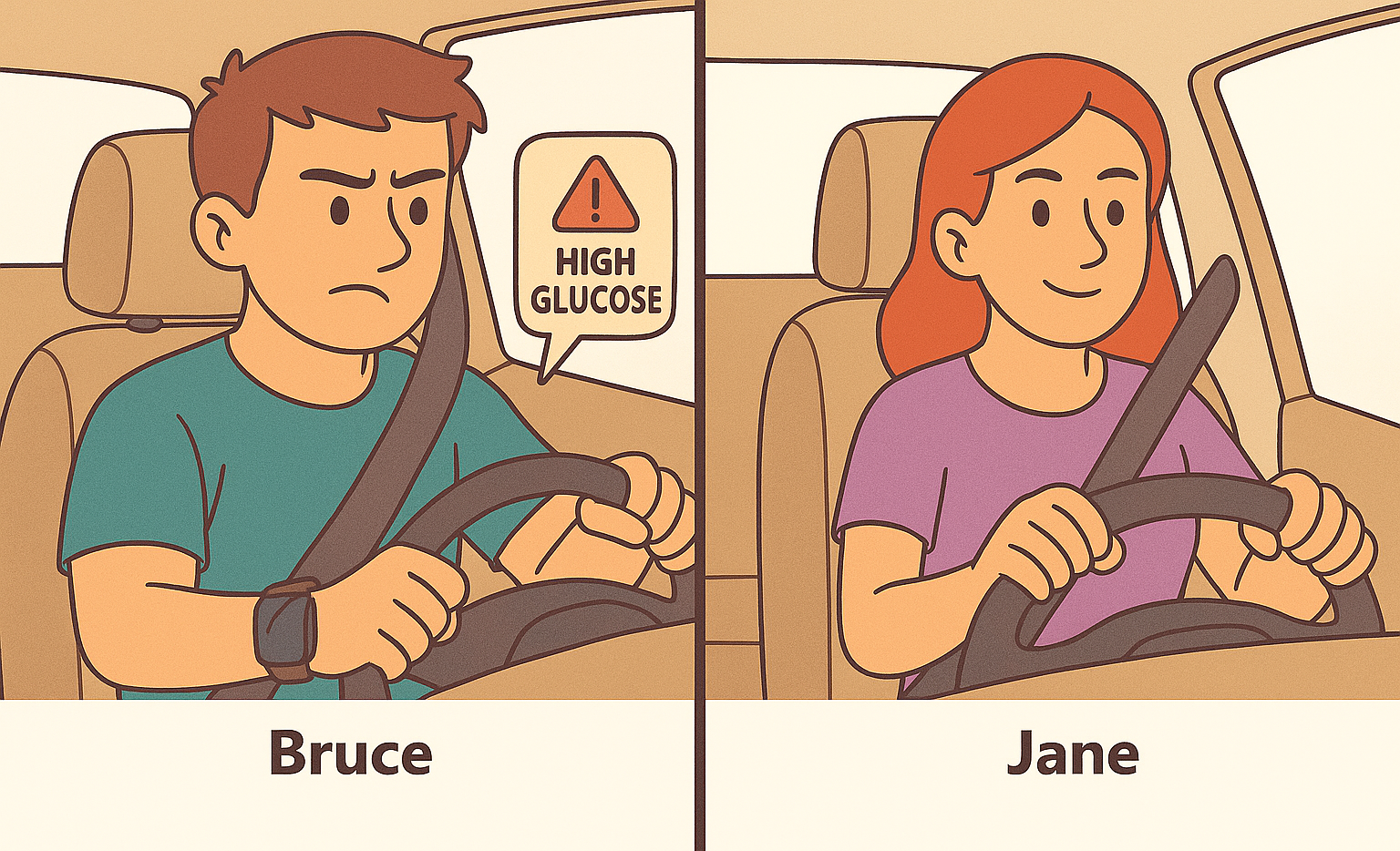 Man driving with glucose alert on watch. Woman driving.