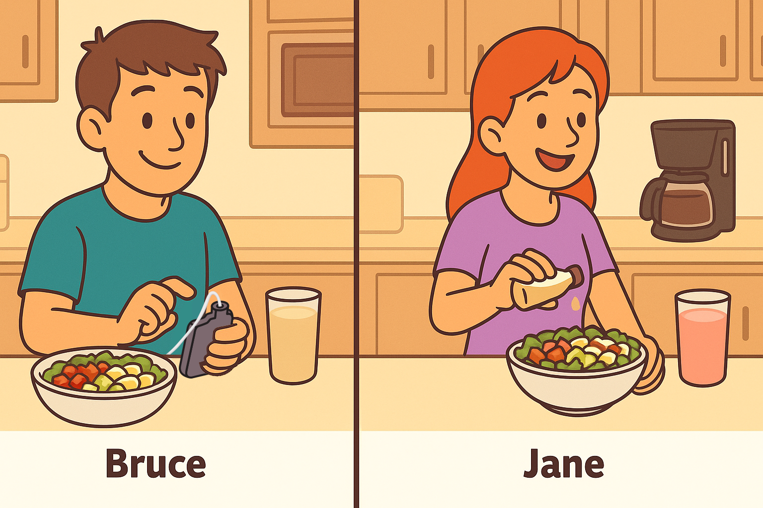 Man with diabetes entering carbs into insulin pump. Woman in kitchen..