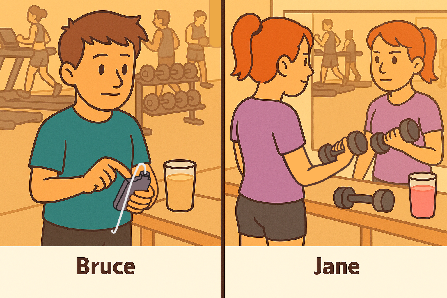 Man with diabetes entering temp target. Woman working out.